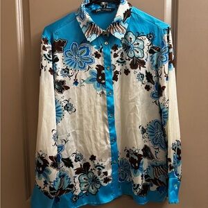 Zara Floral Blue and White Long Sleeve Shirt